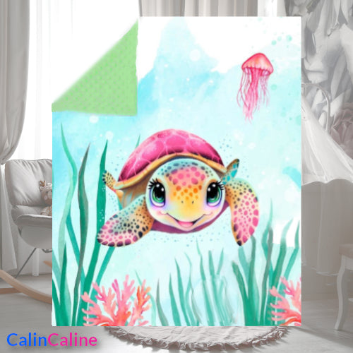 Pink Sea Turtle Plaid Blanket | 70cm x 95cm | Choice of minky color
