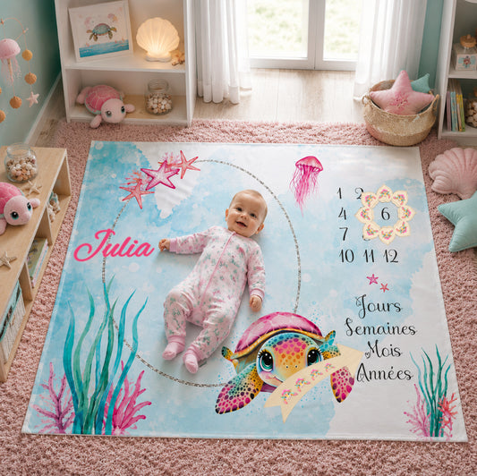 Couverture Etape Photo Tortue de Mer Rose | A personnaliser | 95cm x 75cm