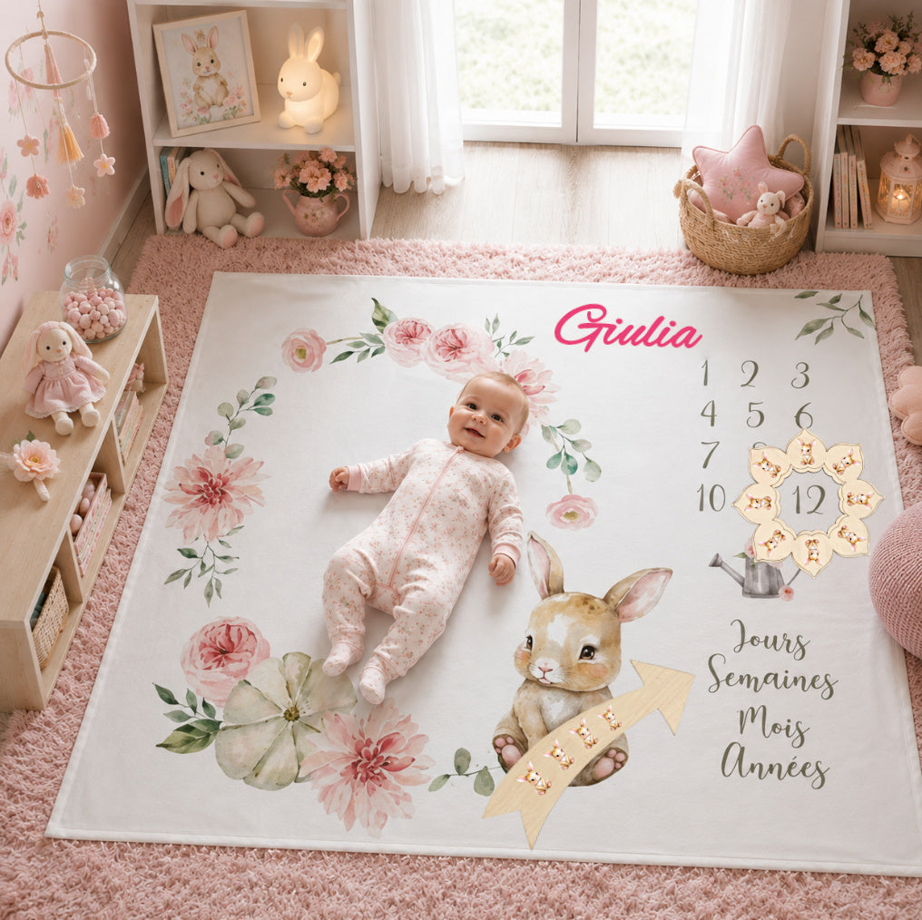 Couverture Photo Etape Lapin Rose | A personnaliser | 95cm x 75cm