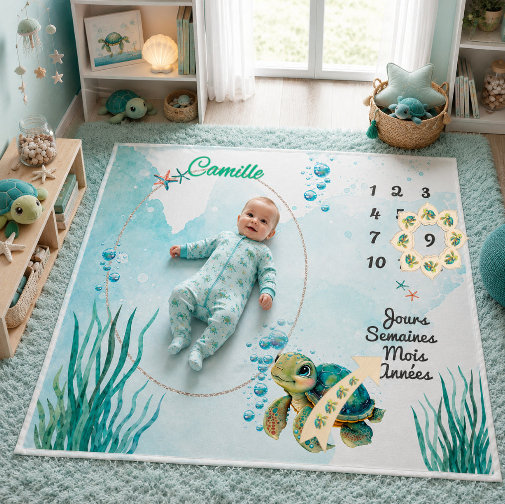 Couverture Etape Photo Tortue de Mer Garçon | A personnaliser | 95cm x 75cm