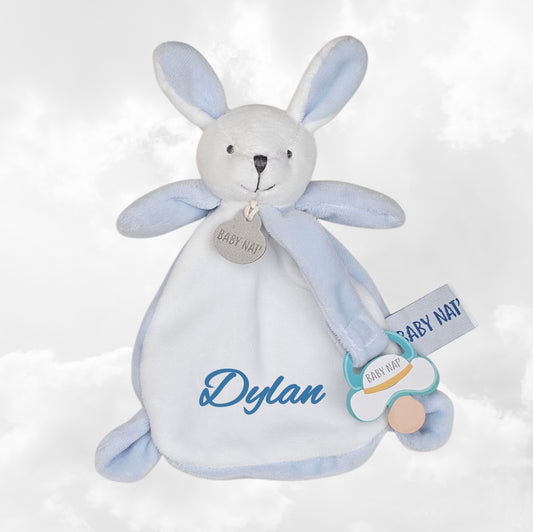 Doudou & Attache Sucette Lapinou Bleu Personnalisé | BabyNat