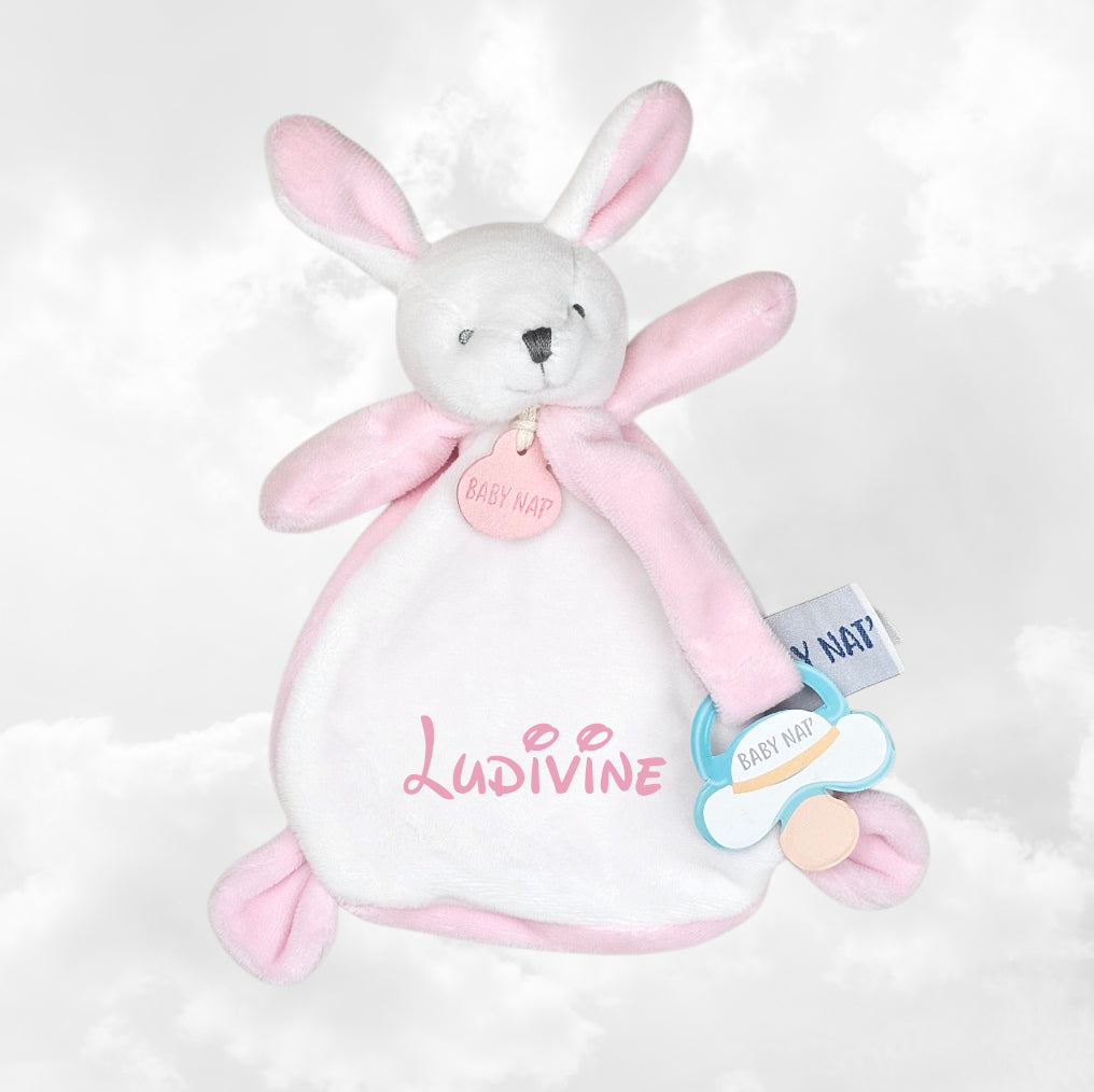 Doudou & Attache Sucette Lapinou Rose Personnalisé | BabyNat