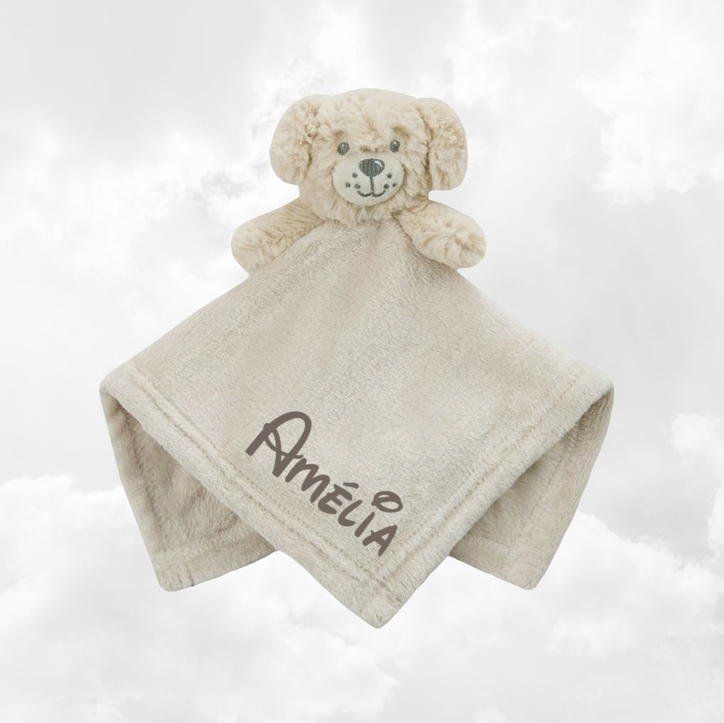 Doudou Mouchoir Chien Beige 38cm | Avec Prénom Personnalisé | Baby Town