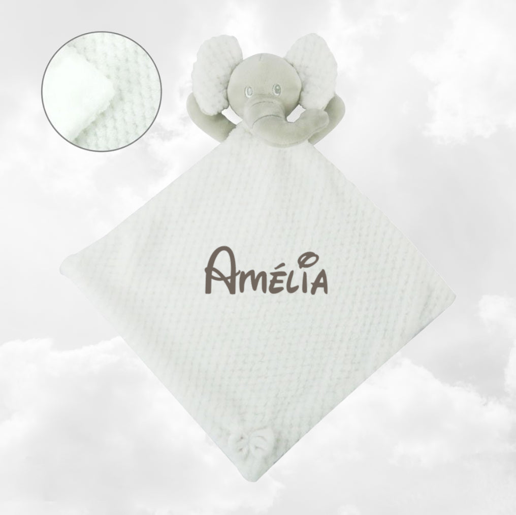 Doudou Mouchoir Eléphant Blanc 30cm | Avec Prénom Personnalisé | Baby Town