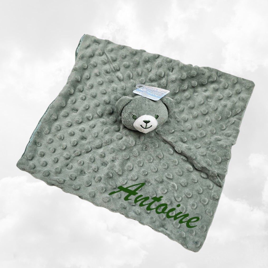 Doudou Mouchoir Ourson Vert Sage 35cm | Prénom Personnalisé