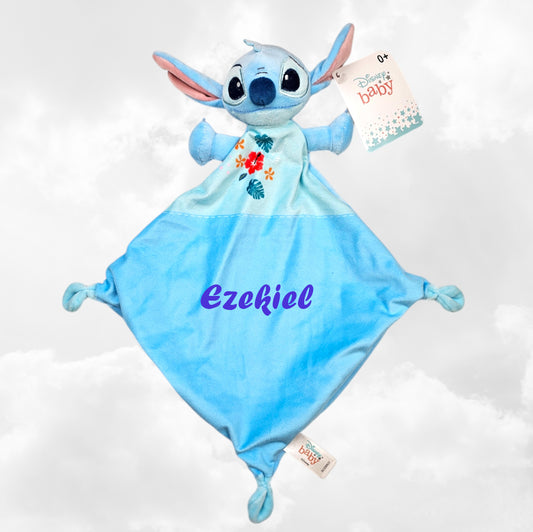 Doudou Mouchoir Disney Stitch Fleur Bleu 22cm | Avec prénom brodé