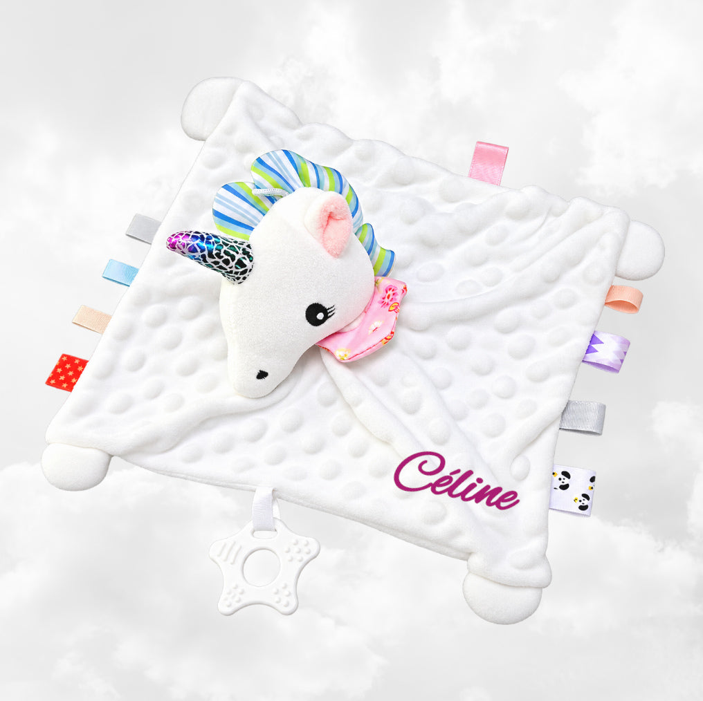 Doudou BBSky Plat Licorne Blanche Personnalisé | 0 à 3 ans | Grelot et Anneau dentition