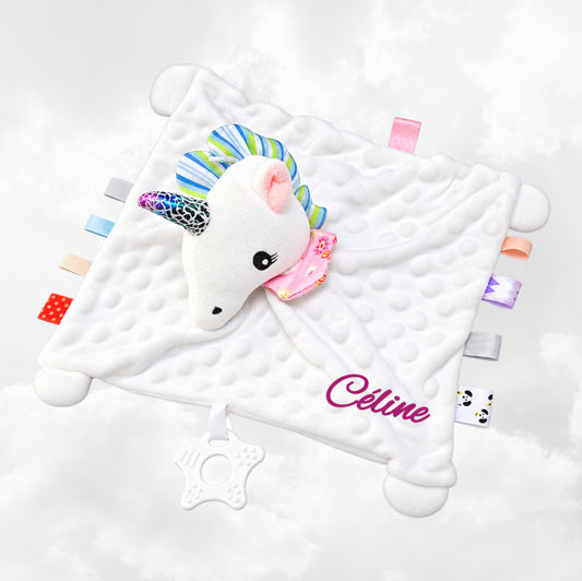 Doudou BBSky Plat Licorne Blanche Personnalisé | 0 à 3 ans | Grelot et Anneau dentition