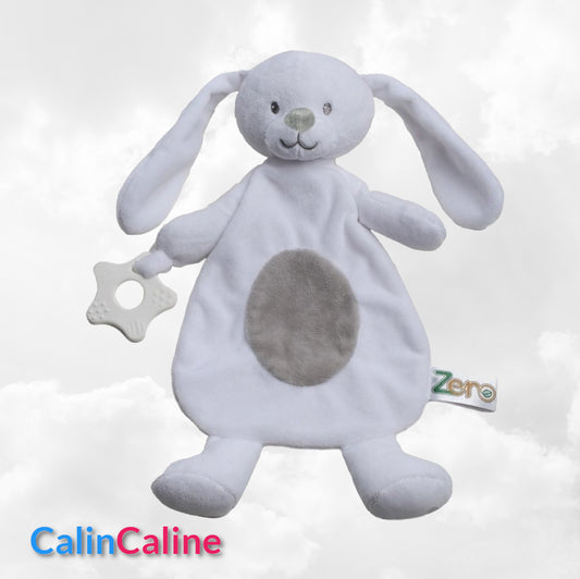 Doudou Lapin 28cm Blanc Avec Anneau de Dentition | Prénom Brodé