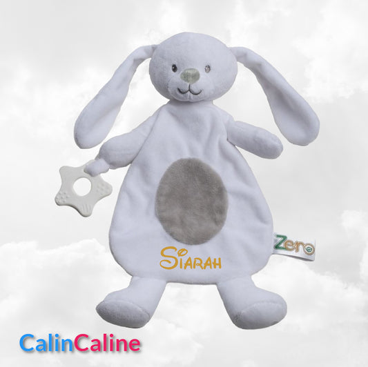 Doudou Lapin 28cm Blanc Avec Anneau de Dentition | Prénom Brodé