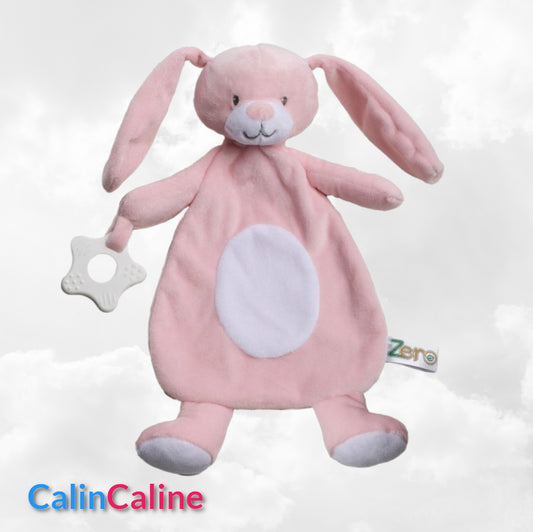 Doudou Lapin 28cm Rose Avec Anneau de Dentition | Prénom Brodé
