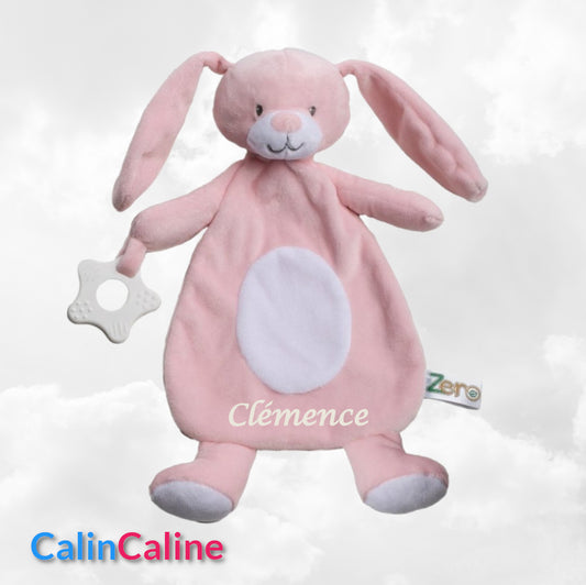 Doudou Lapin 28cm Rose Avec Anneau de Dentition | Prénom Brodé