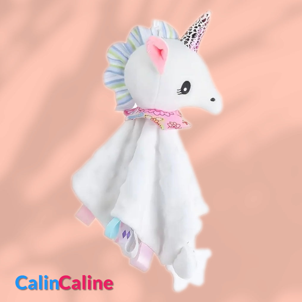 Doudou BBSky Plat Licorne Blanche Personnalisé | 0 à 3 ans | Grelot et Anneau dentition