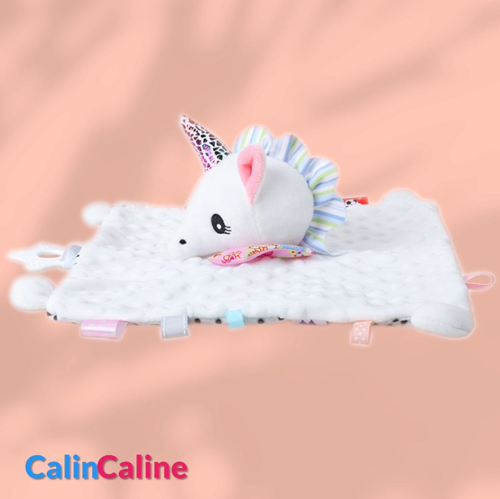 Doudou BBSky Plat Licorne Blanche Personnalisé | 0 à 3 ans | Grelot et Anneau dentition