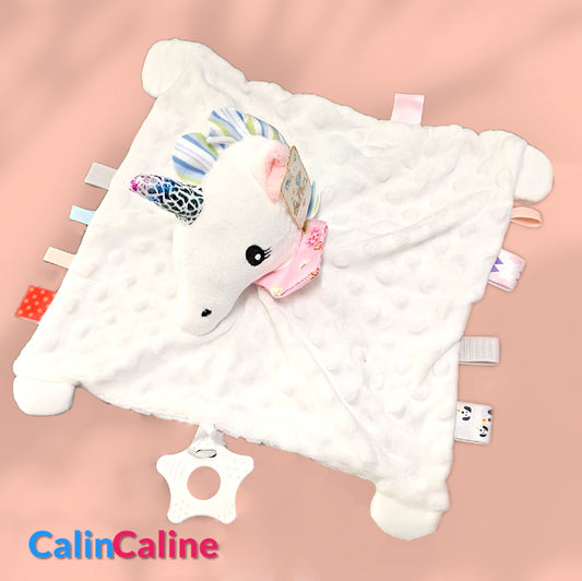 Personalized White Unicorn BBSky Flat Blanket | 0 to 3 years | Bell and teething ring