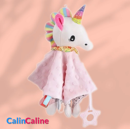 Doudou BBSky Plat Licorne Rose Personnalisé | 0 à 3 ans | Grelot et Anneau dentition