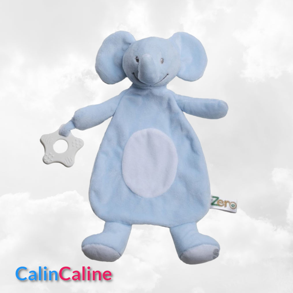 Doudou Eléphant 28cm Bleu Avec Anneau de Dentition | Prénom Brodé