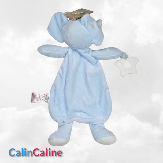 Doudou Eléphant 28cm Bleu Avec Anneau de Dentition | Prénom Brodé