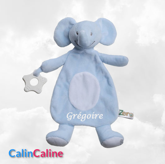 Doudou Eléphant 28cm Bleu Avec Anneau de Dentition | Prénom Brodé