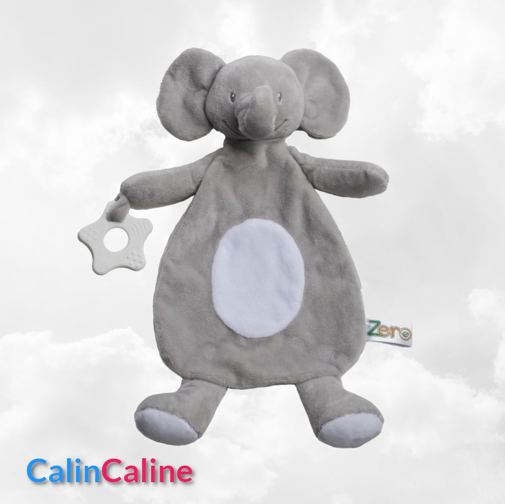 Doudou Eléphant 28cm Gris Avec Anneau de Dentition | Prénom Brodé