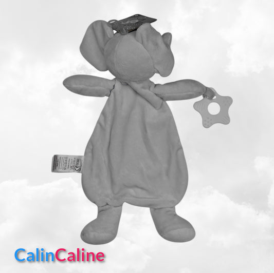 Doudou Eléphant 28cm Gris Avec Anneau de Dentition | Prénom Brodé