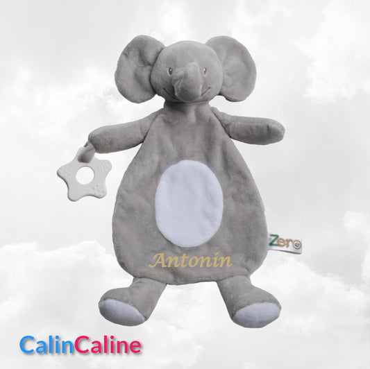 Doudou Eléphant 28cm Gris Avec Anneau de Dentition | Prénom Brodé