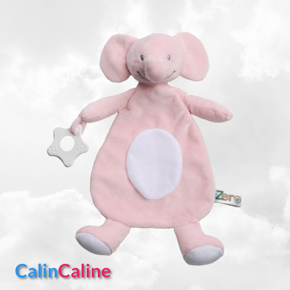Doudou Eléphant 28cm Rose Avec Anneau de Dentition | Prénom Brodé