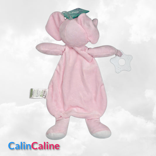 Doudou Eléphant 28cm Rose Avec Anneau de Dentition | Prénom Brodé