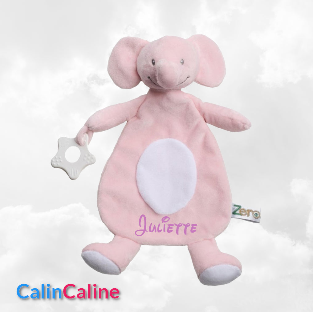 Doudou Eléphant 28cm Rose Avec Anneau de Dentition | Prénom Brodé