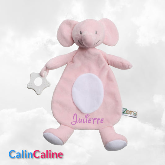 Doudou Eléphant 28cm Rose Avec Anneau de Dentition | Prénom Brodé