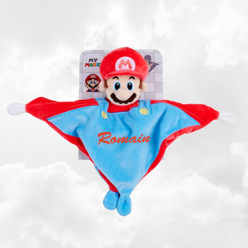 Doudou Mouchoir Plat Super Mario avec Grelot | 25cm | Prénom brodé