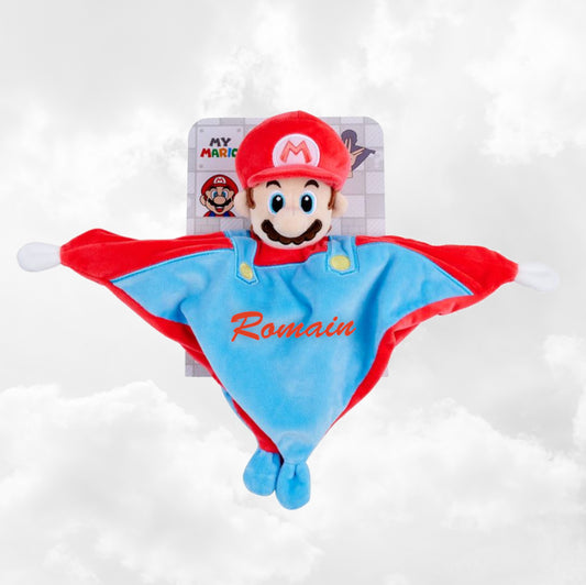 Doudou Mouchoir Plat Super Mario avec Grelot | 25cm | Prénom brodé