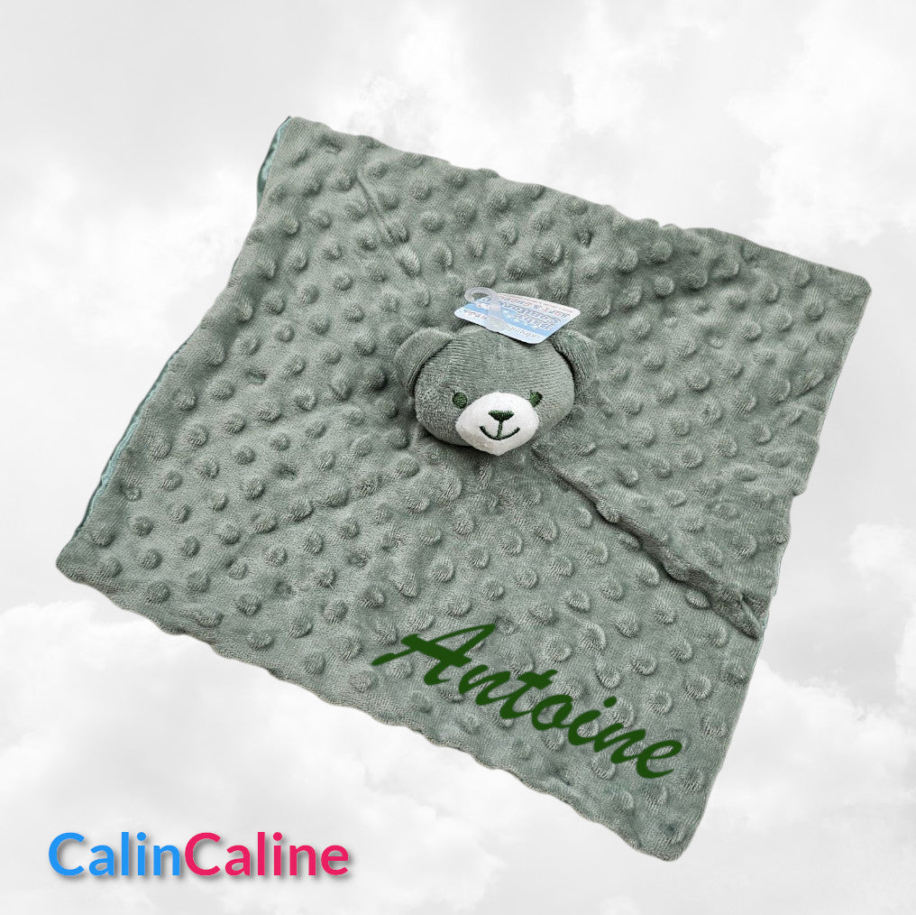 Doudou Mouchoir Ourson Vert Sage 35cm | Prénom Personnalisé
