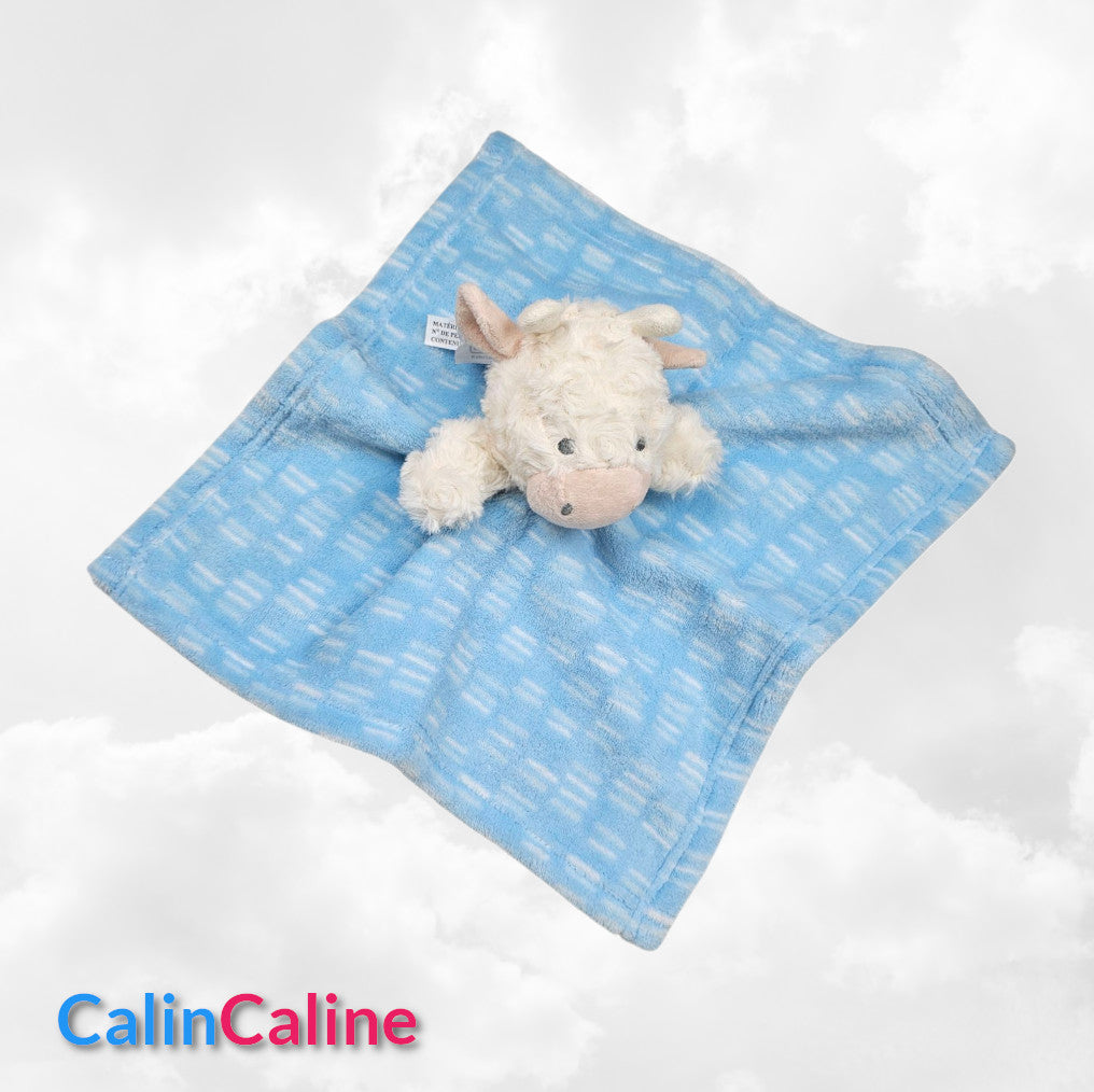Pack Bébé A Personnaliser | Couverture Eté Bleue 75cm x 90cm + Doudou Vache 35cm