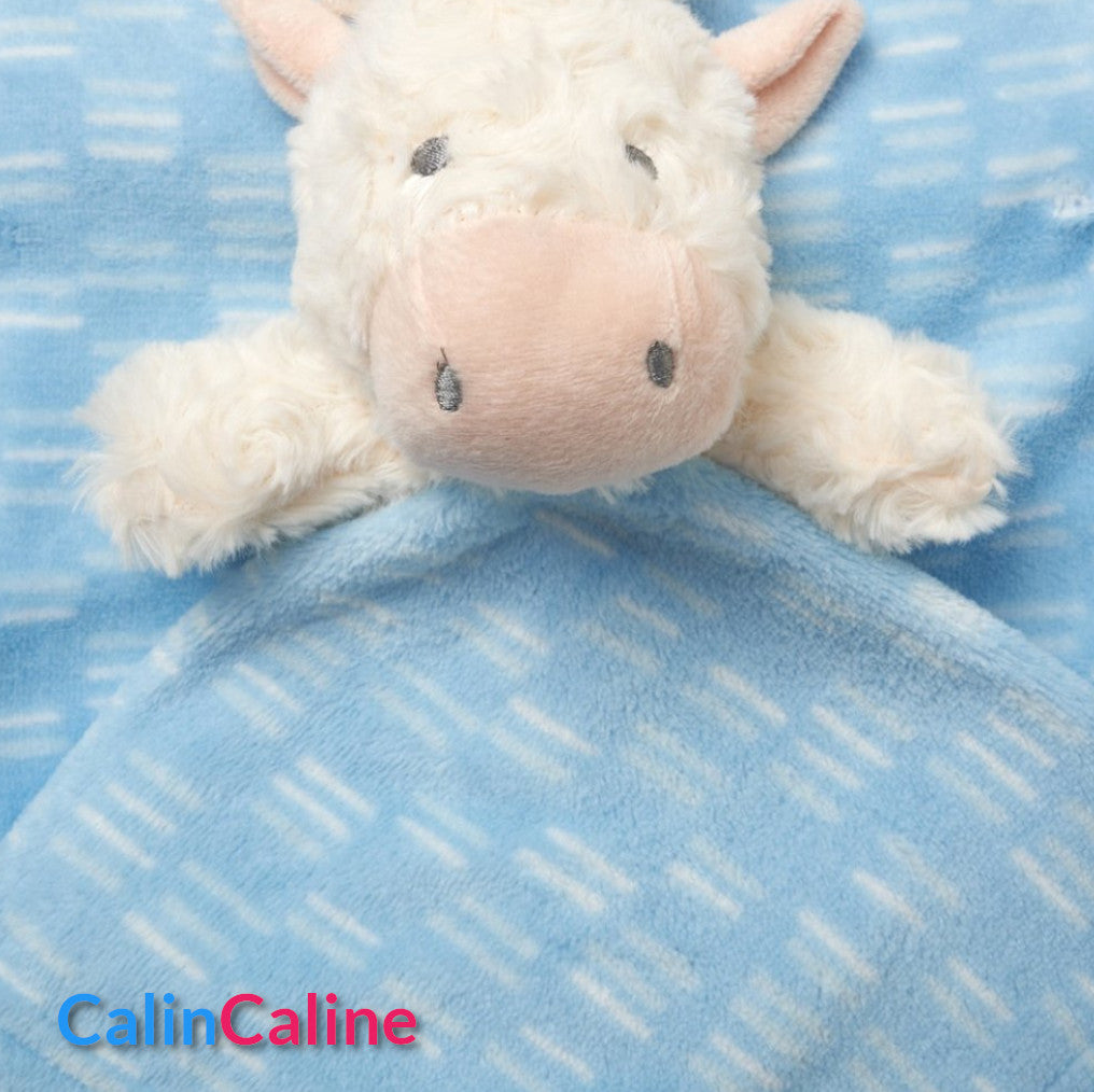 Pack Bébé A Personnaliser | Couverture Eté Bleue 75cm x 90cm + Doudou Vache 35cm