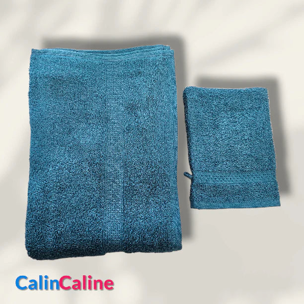 Ensemble Drap de bain + Gant de toilette assorti | Prénom Brodé | Aqua