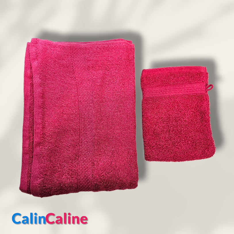 Ensemble Drap de bain + Gant de toilette assorti | Prénom Brodé | Fuchsia