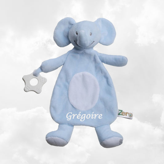 Doudou Eléphant 28cm Bleu Avec Anneau de Dentition | Prénom Brodé