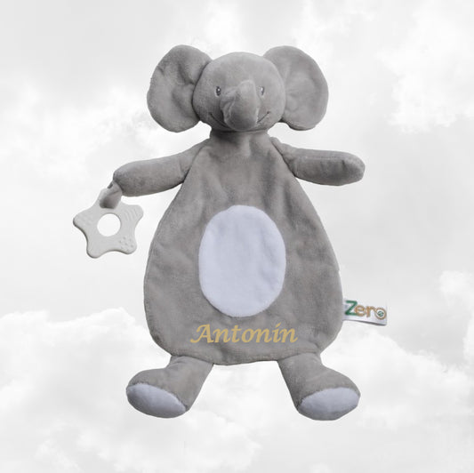 Doudou Eléphant 28cm Gris Avec Anneau de Dentition | Prénom Brodé