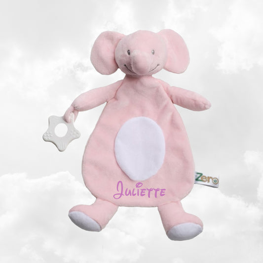 Doudou Eléphant 28cm Rose Avec Anneau de Dentition | Prénom Brodé