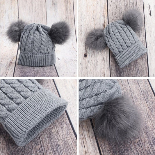 Personalized Gray Baby Hat With Pompoms | 3-18 months