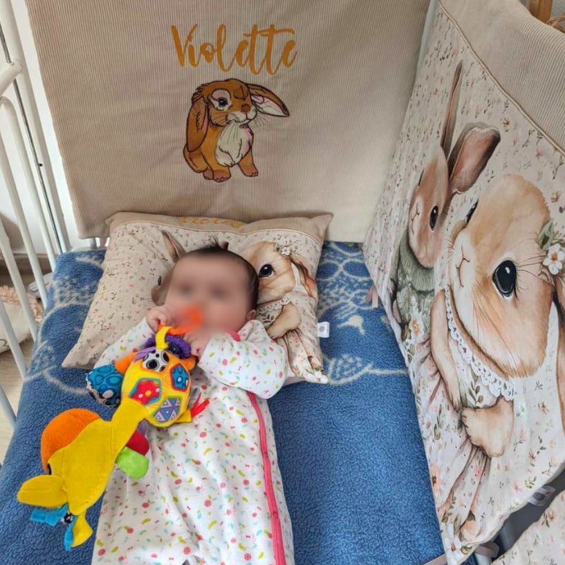 Tour de lit Lapinou | 3 coussins 60cm x 40cm | Coton et Velours | A personnaliser
