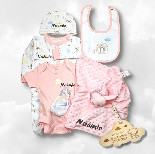 Kit de naissance 6 pièces Arc-En-Ciel Rose Saumon | 3 tailles | A personnaliser