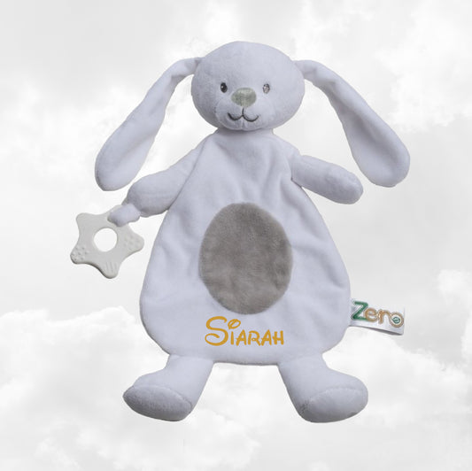 Doudou Lapin 28cm Blanc Avec Anneau de Dentition | Prénom Brodé
