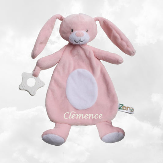 Doudou Lapin 28cm Rose Avec Anneau de Dentition | Prénom Brodé