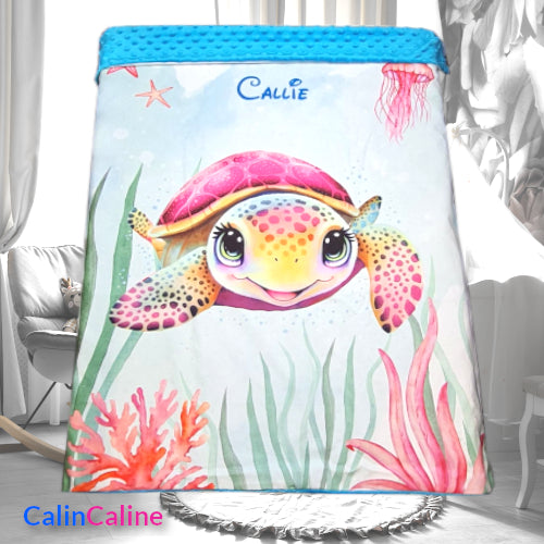 Couverture Plaid Tortue de Mer Rose | 70cm x 95cm | Couleur minky au choix