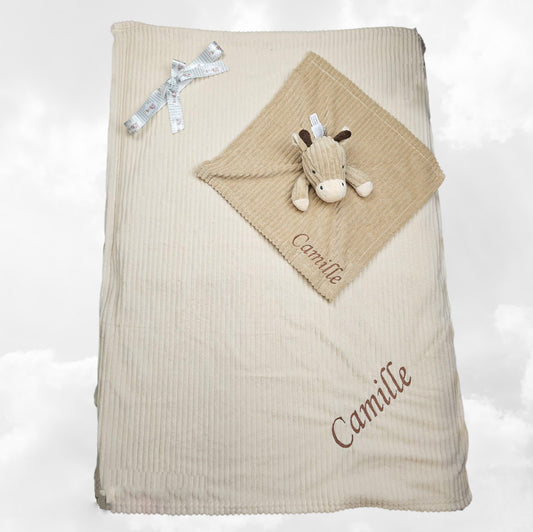 Pack Bébé A Personnaliser | Couverture Eté Beige 75cm x 90cm + Doudou Girafe 35cm