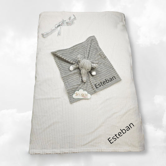 Pack Bébé A Personnaliser | Couverture Eté Ecru 75cm x 90cm + Doudou éléphant 35cm
