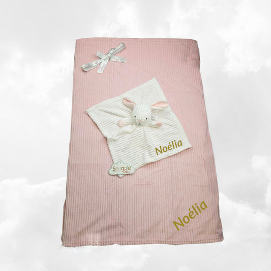 Pack Bébé A Personnaliser | Couverture Eté Rose 75cm x 90cm + Doudou Lapin 35cm