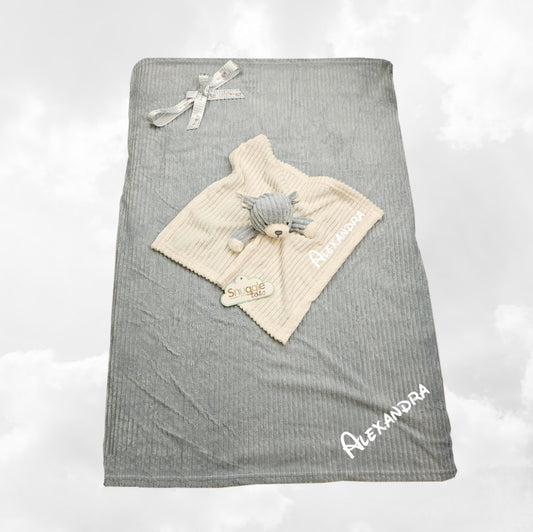 Pack Bébé A Personnaliser | Couverture Eté Grise 75cm x 90cm + Doudou Ourson 35cm